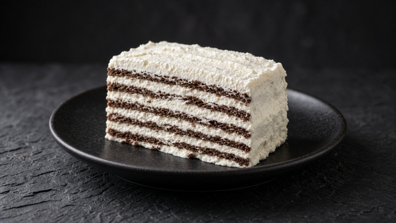 Slice of icebox cake with layers of chocolate wafer biscuits and whipped cream on a black plate