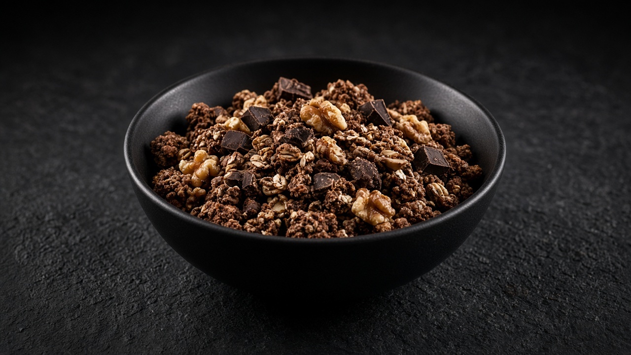 A bowl of dark brown granola with visible walnut pieces and chocolate chunks.