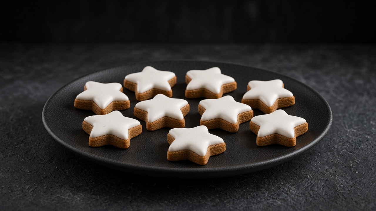 Zimtsterne, cinnamon almond star biscuits with white meringue tops, on a matte black plate.