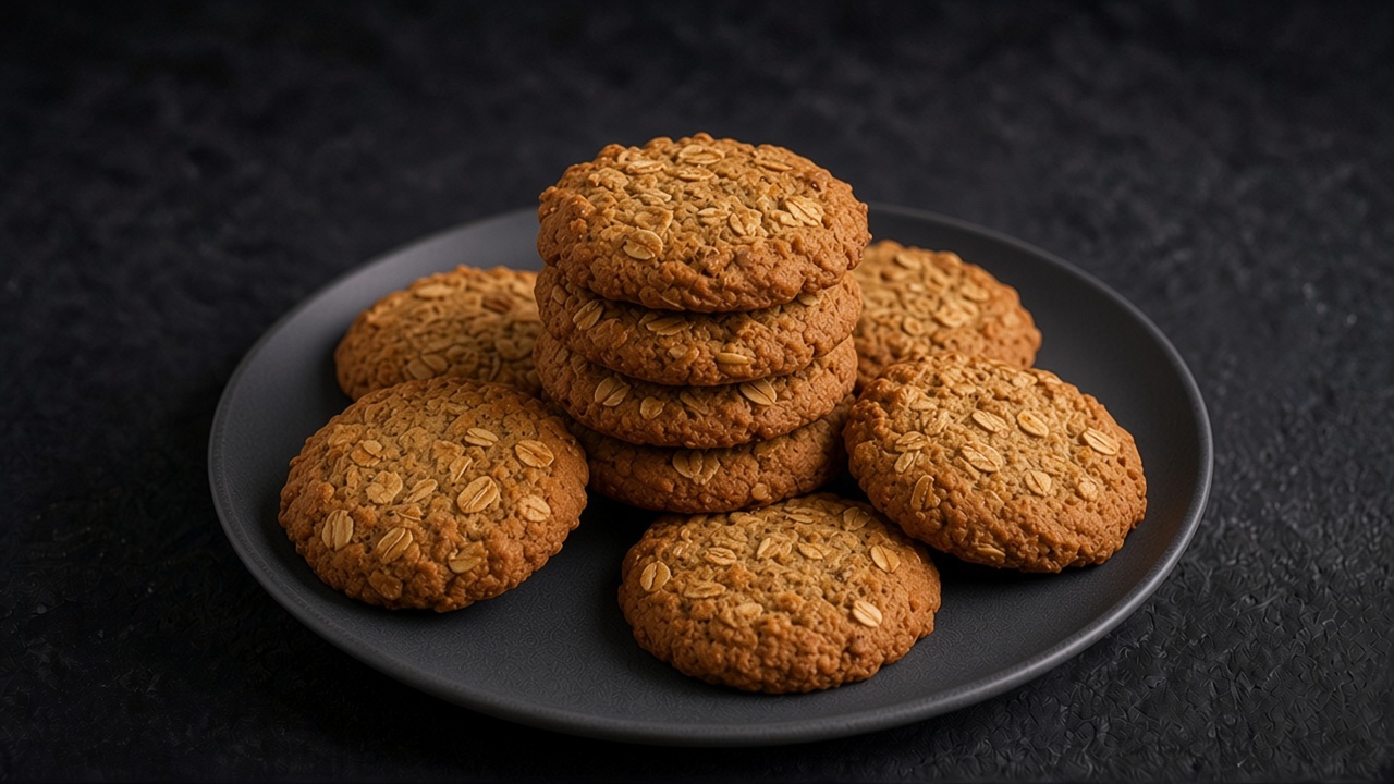 Golden oatmeal cookies with visible oat flakes on a matte dark plate.
