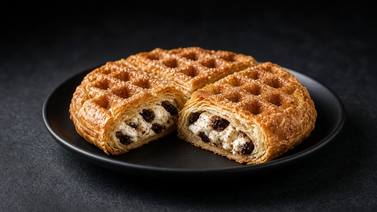 A golden puff pastry waffle cut open to show a filling of cream cheese and raisins flecked with cinnamon.