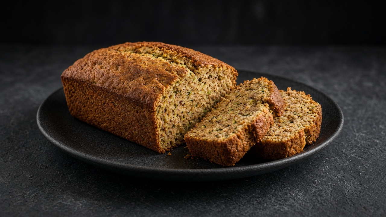 Loaf of cinnamon spice courgette bread with two slices cut on a black plate