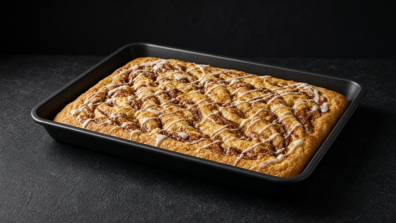Golden focaccia swirled with caramelised cinnamon sugar and drizzled with white glaze.