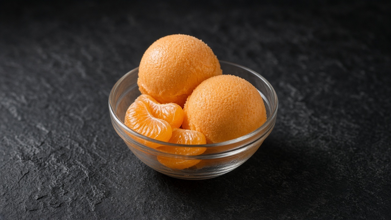 Two scoops of bright orange clementine sorbet with clementine segments in a glass dish.