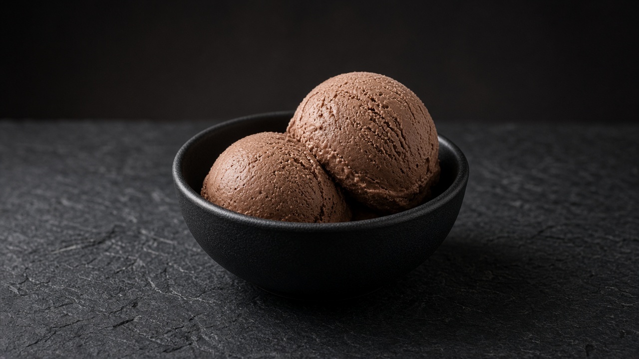 Two scoops of rich brown cocoa frozen yoghurt in a black bowl.