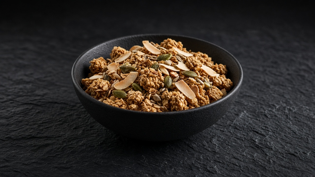 A bowl of golden granola clusters with visible coconut flakes, almonds and seeds.