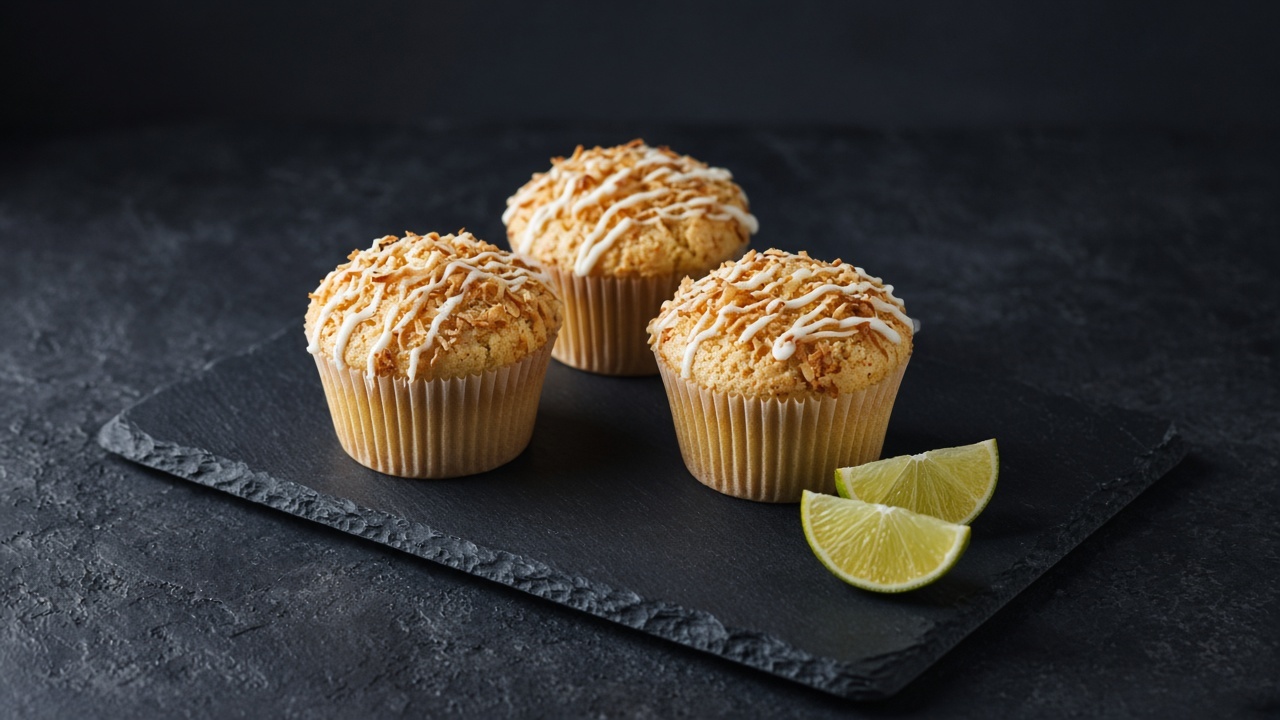 Pale muffins topped with toasted coconut flakes and a white lime icing drizzle, with lime wedges beside them.
