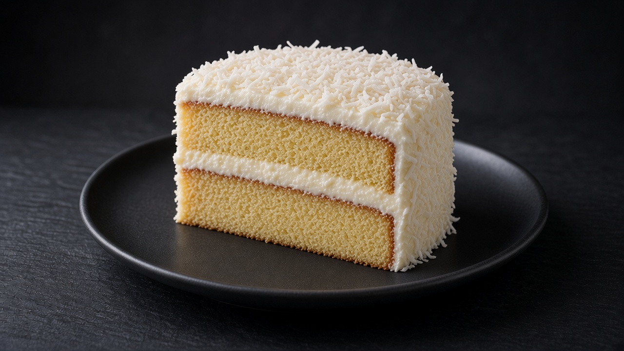 A slice of two-layer coconut cake with cream cheese frosting and flaked coconut on a matte dark plate.