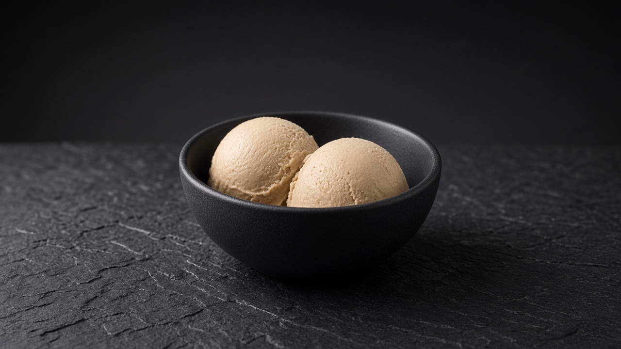 Two scoops of light coffee-coloured frozen yoghurt in a black bowl.