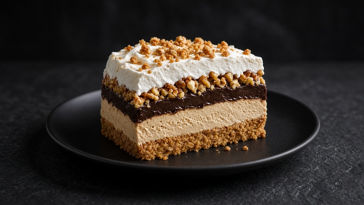 A slice of ice cream cake with a biscuit base, coffee ice cream, chocolate fudge and nut praline under whipped cream.