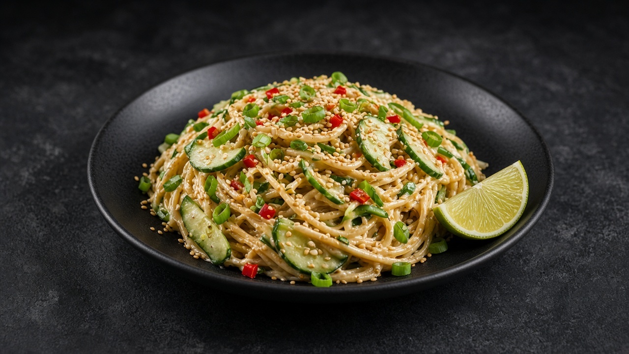 Cold noodles in miso sesame dressing with cucumber, spring onion, chilli and lime on a black plate