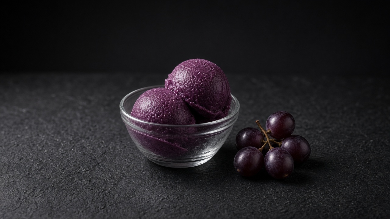 Two scoops of deep purple grape sorbet in a glass dish beside a small bunch of dark grapes.