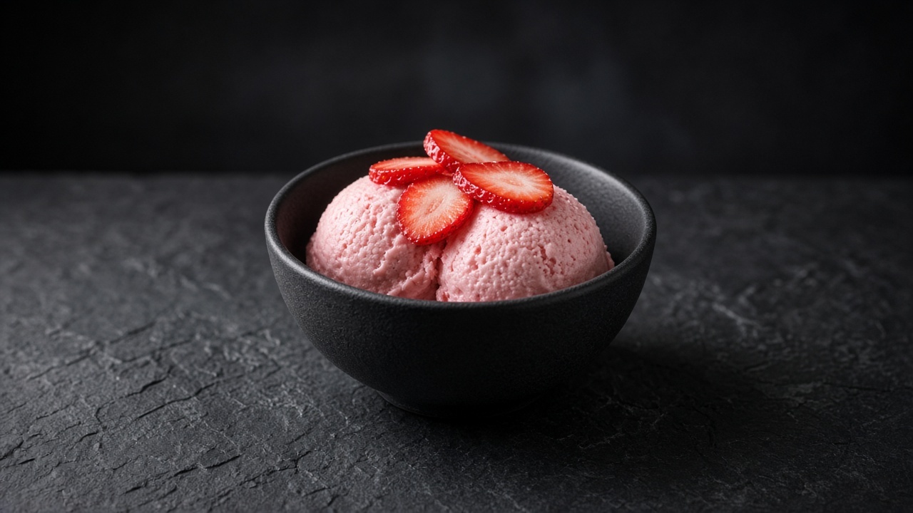 Two scoops of rosy pink strawberry frozen yoghurt topped with sliced strawberries in a black bowl.