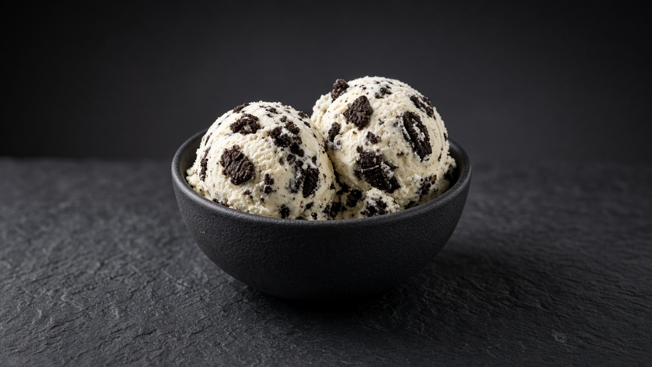 Two scoops of creamy vanilla custard ice cream full of chocolate sandwich cookie chunks in a black bowl.