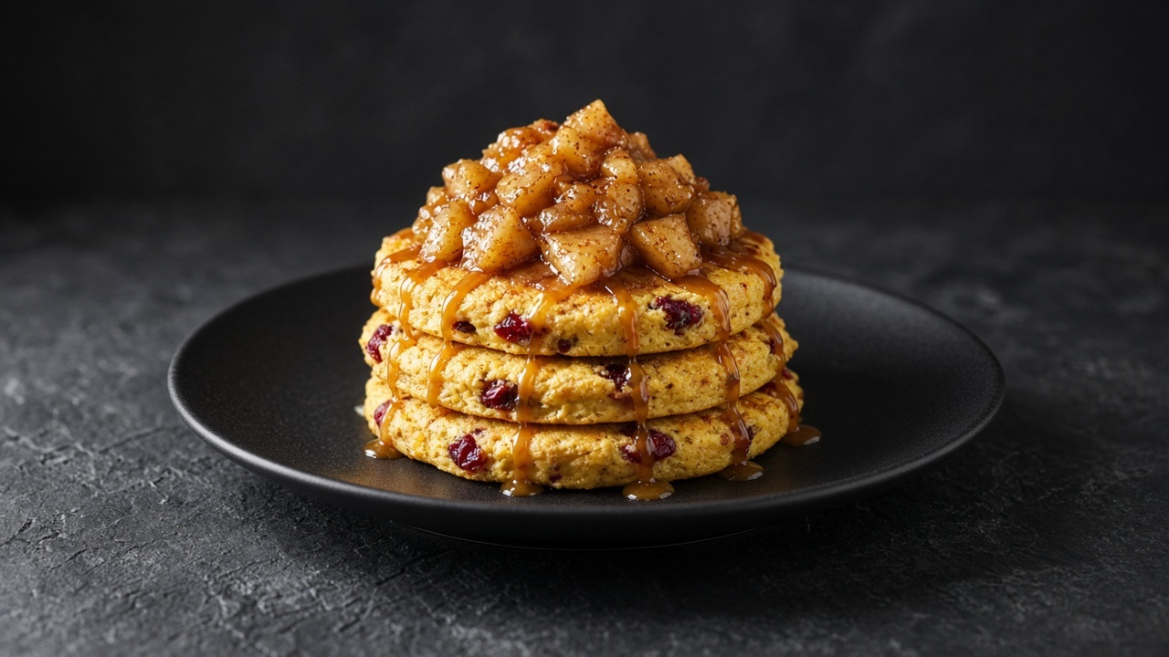 A stack of cornmeal pancakes studded with cranberries, topped with spiced apple compote and a drizzle of caramel sauce.