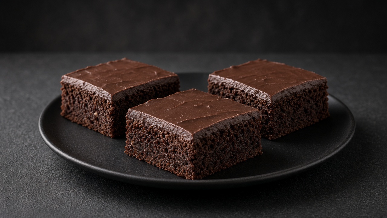 Brownie squares with a thick, glossy chocolate fudge icing.