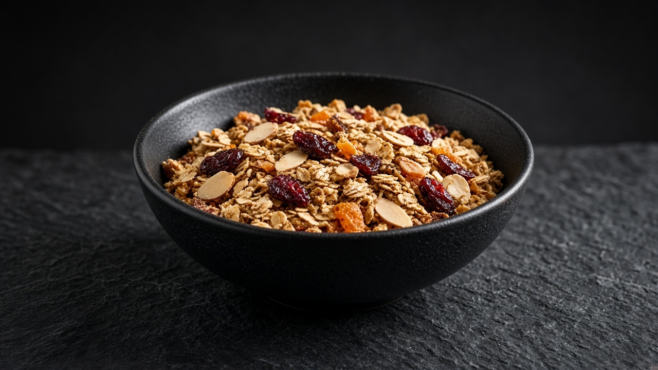 A bowl of golden granola with visible almond flakes, cranberries and apricot pieces.