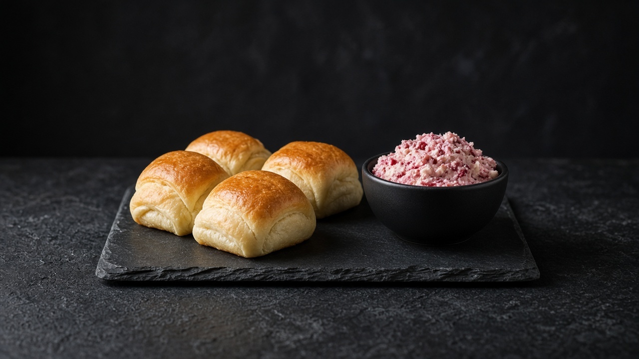 Four folded Parker House rolls with golden tops on a slate board beside a bowl of pink cranberry butter.