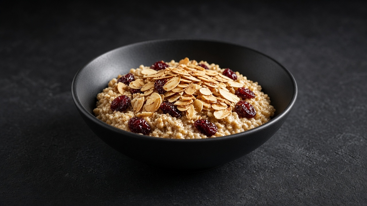 A bowl of steel-cut oatmeal studded with tart cranberries and topped with toasted flaked almonds.