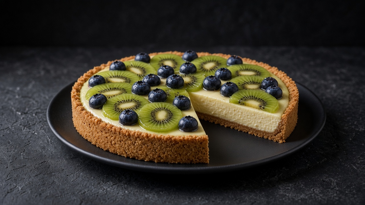 A slice of cream-cheese tart with a golden crust, kiwi slices and glazed blueberries on a matte dark plate.