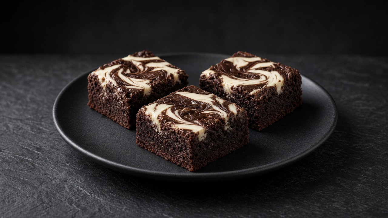 Chocolate brownie squares with white cream cheese marbled across the top.