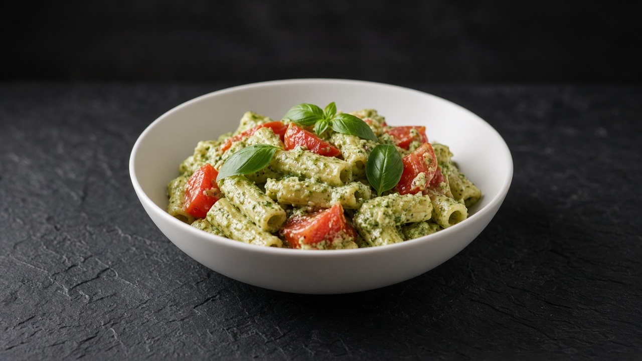 Rigatoni coated in a pale green creamy basil sauce with flecks of tomato in a white bowl.