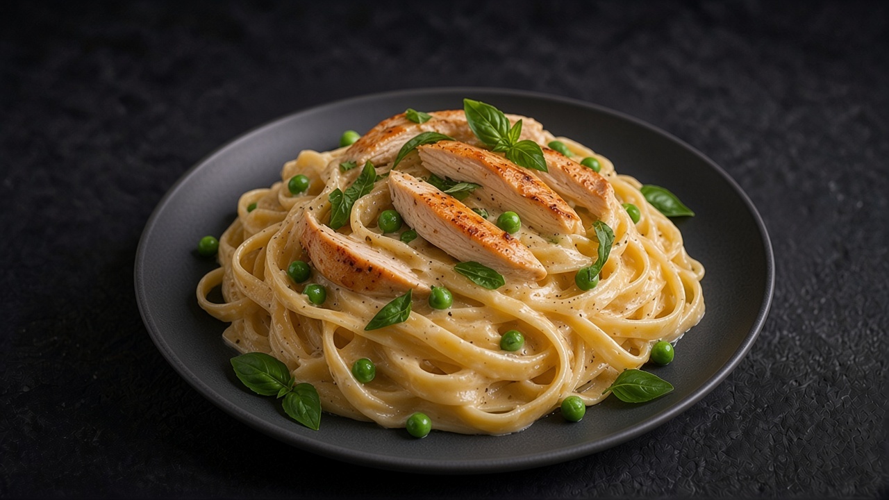 A twist of creamy chicken fettuccine with peas and basil served on a matte dark plate.