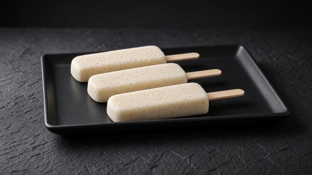 Three pale creamy coconut ice pops flecked with shredded coconut on a black tray.