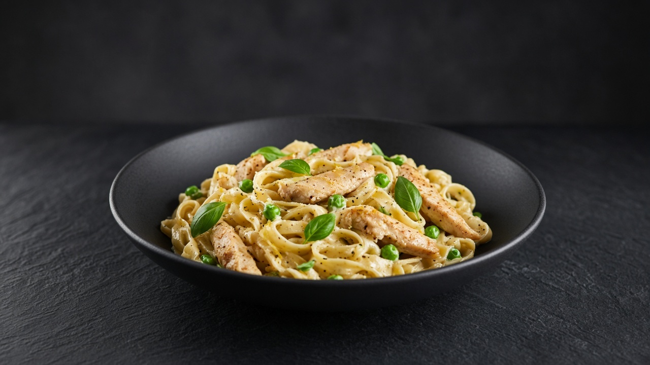 Fettuccine ribbons in a glossy cream sauce with chicken, green peas and basil.