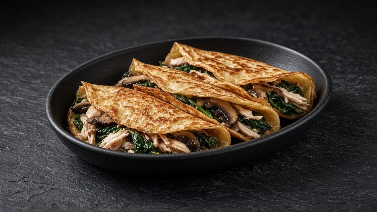 Overlapping folded golden crêpes filled with mushrooms, spinach and turkey in a black baking dish.