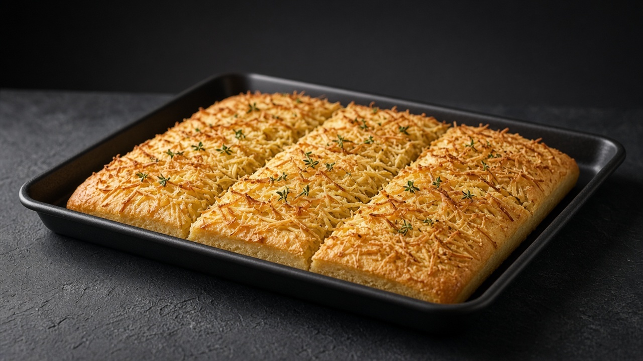 Focaccia topped with crisp, golden shreds of potato and thyme leaves, cut into strips in a baking tray.