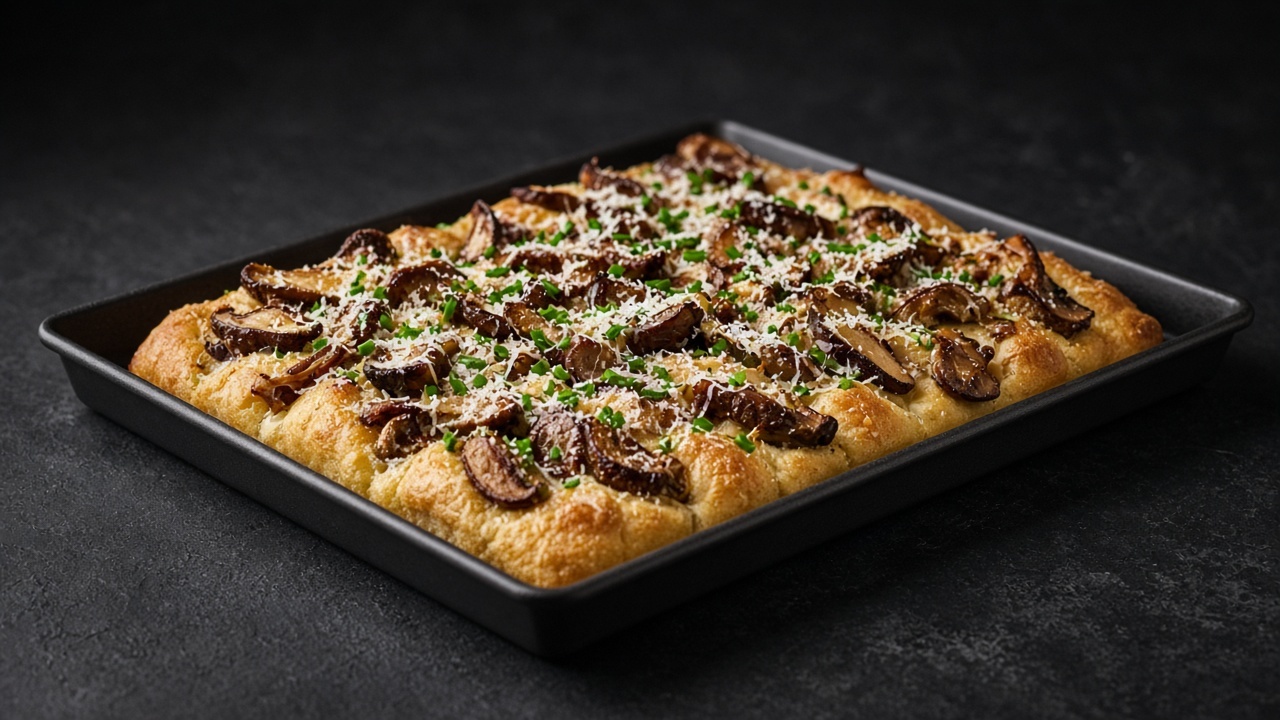 Focaccia piled with crisp, browned mushrooms, grated cheese and chopped chives.