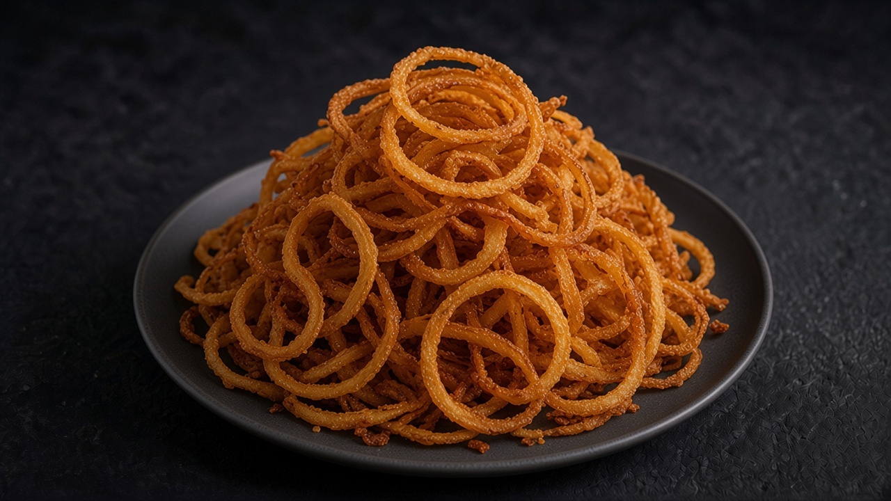 Golden, crisp shoestring onion rings piled loosely on a matte dark plate.
