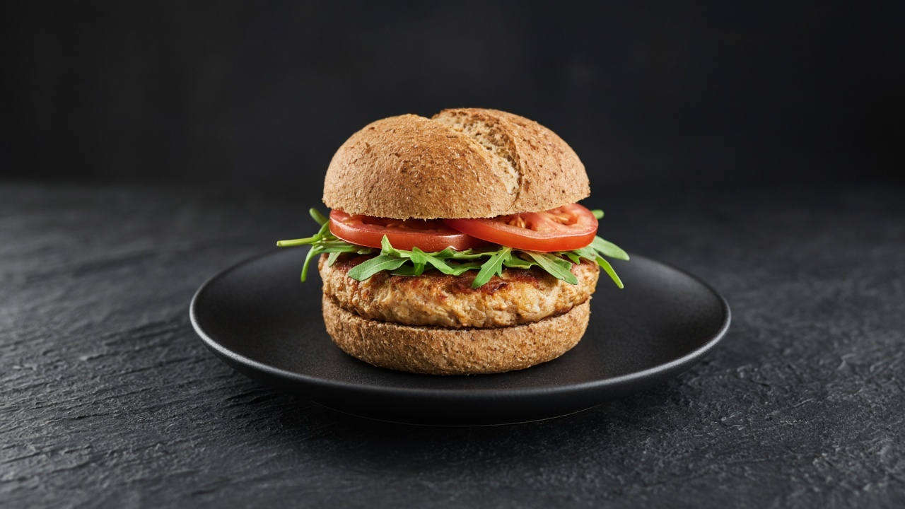 Golden-brown turkey patty topped with rocket and sliced tomato on a toasted wholemeal bun.