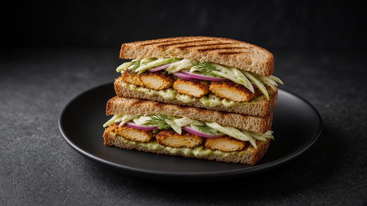 A grilled chicken sandwich with celery and fennel slaw, red onion and dill between toasted country bread on a matte dark plate.
