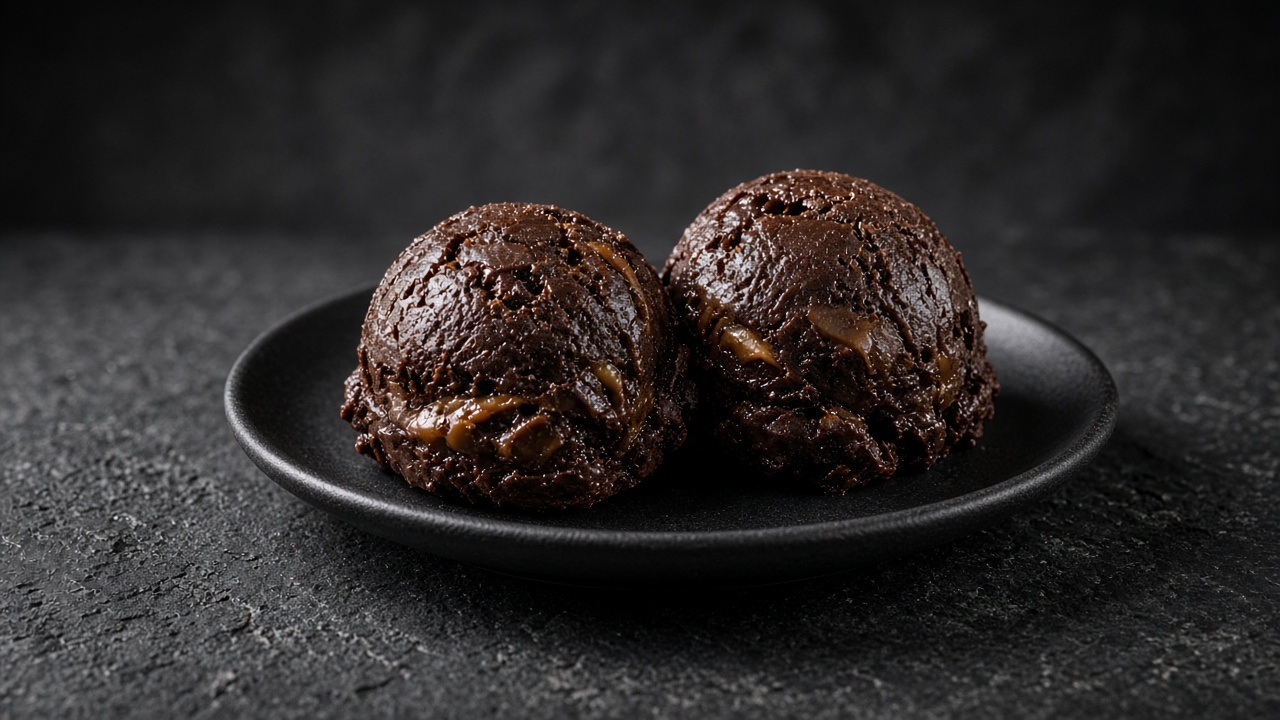 Two scoops of dark chocolate caramel custard ice cream on a black plate