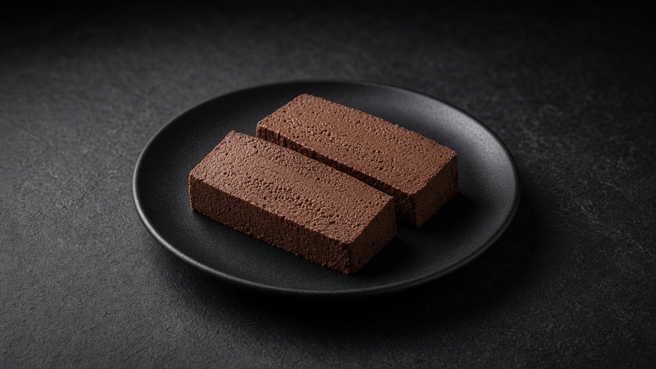 Two thick slices of airy dark chocolate semifreddo on a black plate.