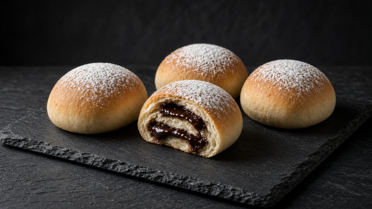 Four soft golden rolls dusted with icing sugar, one cut open to show two lines of melted dark chocolate.
