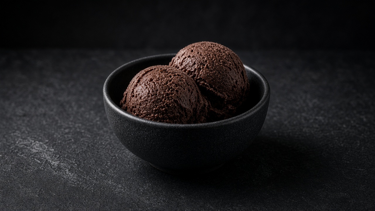 Two scoops of deep brown dark chocolate ice cream in a black bowl.