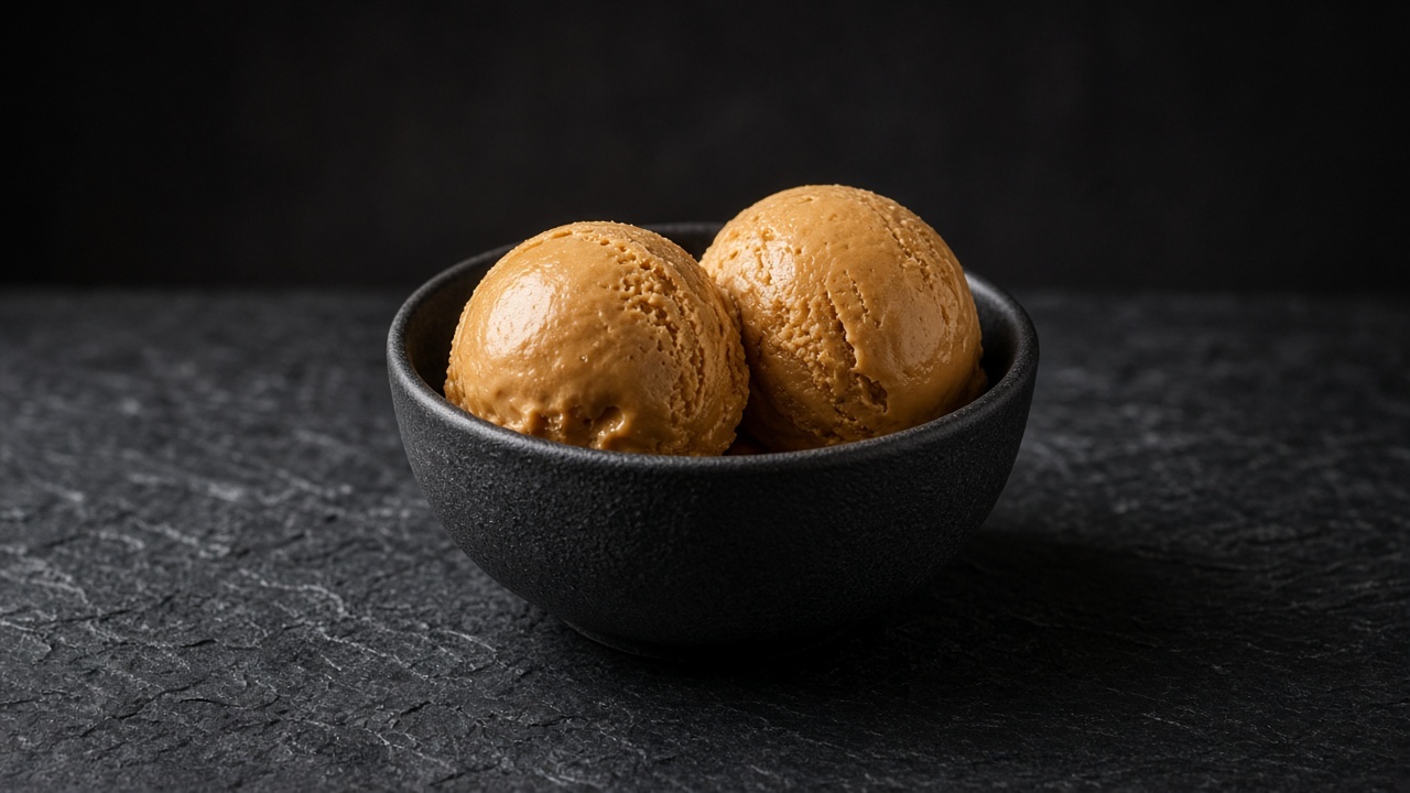 Two scoops of amber salted caramel custard ice cream in a black bowl.