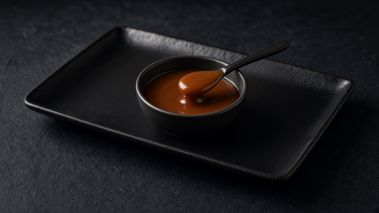 Glossy amber caramel sauce pools in a small dish on a matte dark slate.