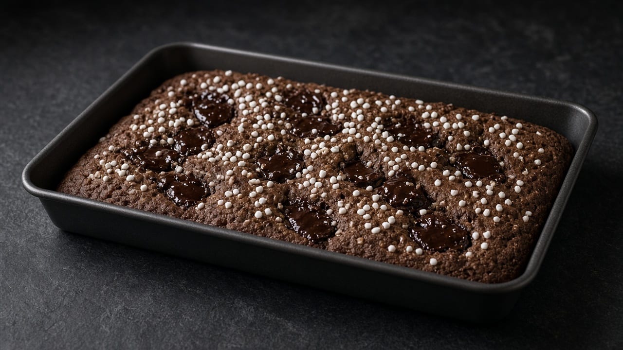 Dark chocolate focaccia dimpled with melted chocolate pockets and pearl sugar.