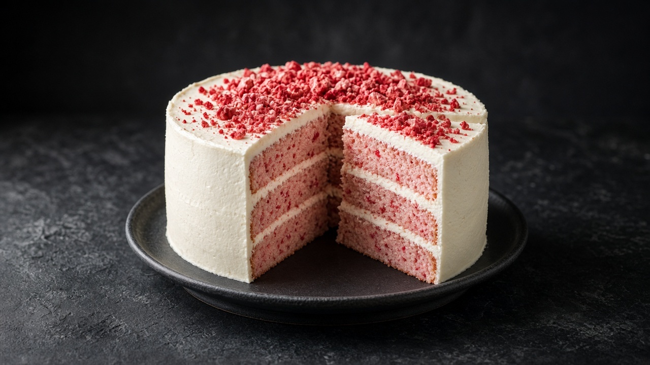 A three-layer pink strawberry cake with white Swiss meringue buttercream and crushed freeze-dried strawberries, one slice cut, on a matte black plate.