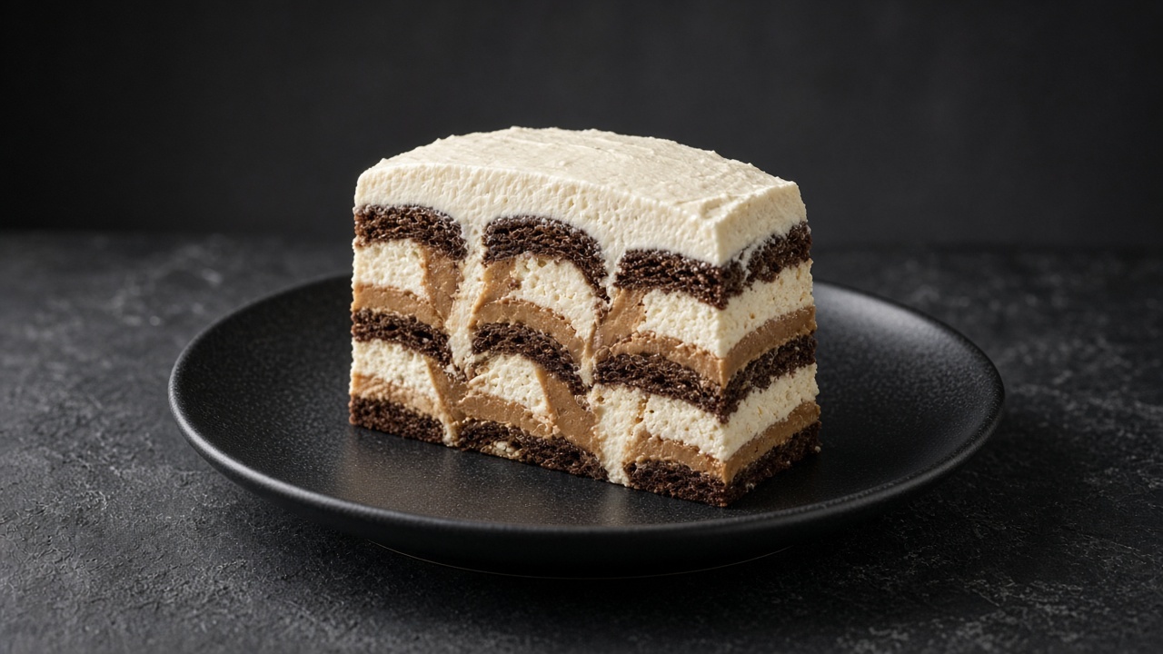 A slice of icebox cake showing stripes of dark chocolate biscuit, pale cream and caramel-coloured dulce de leche cream on a black plate.