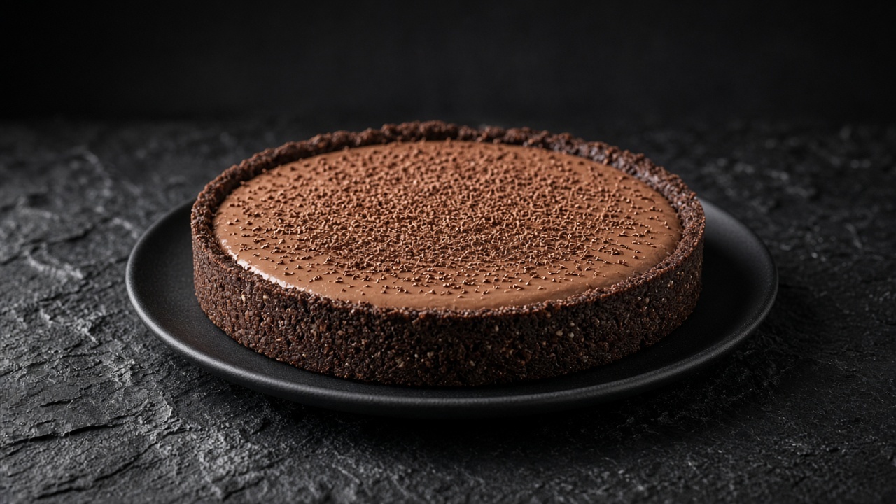 A smooth milk chocolate tart in a dark coconut crust, finished with finely grated chocolate.