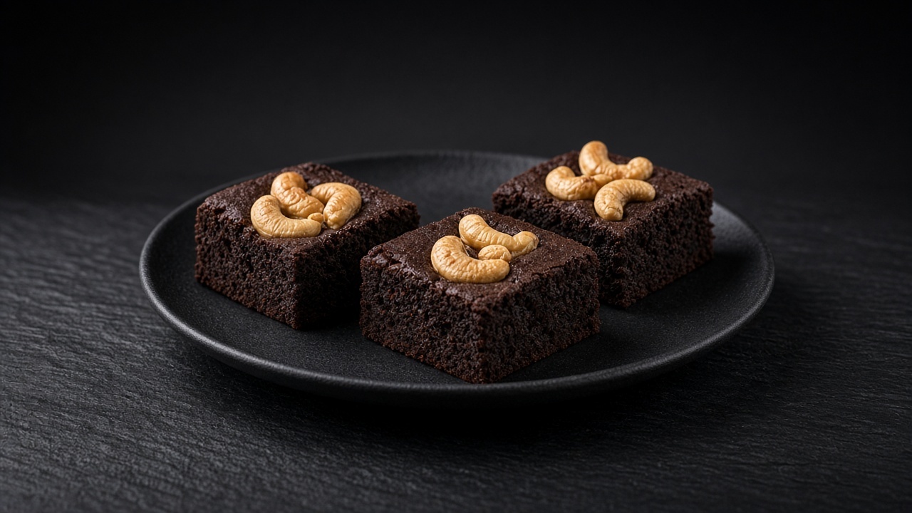 Dark espresso brownie squares studded with golden toasted cashew halves on top.