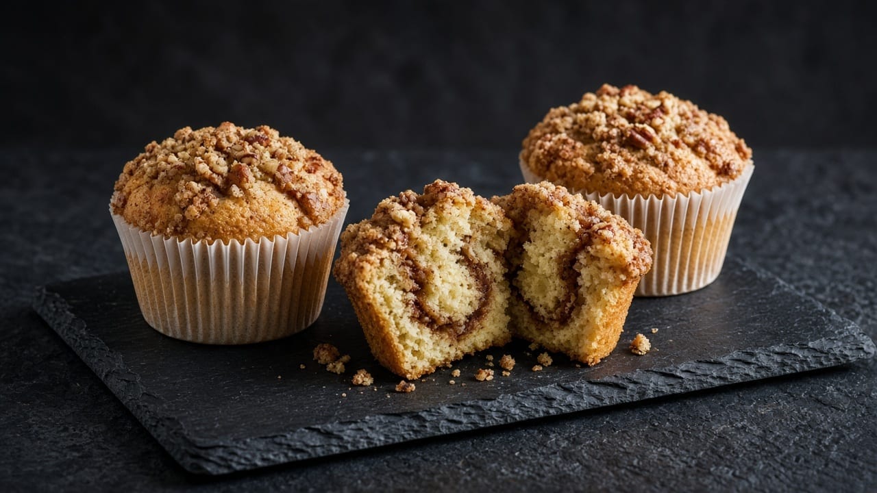 Coffee cake muffins in paper cases with a pecan streusel top, one cut to show a dark cinnamon-coffee ribbon.