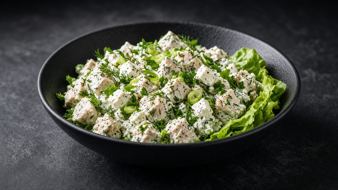 Diced chicken in a creamy white dressing with green dill, spring onions and white feta cubes, served with lettuce leaves.