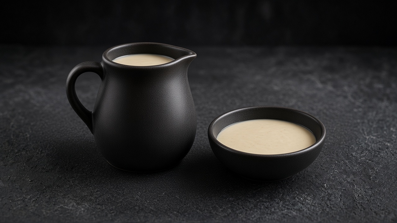 A small dark jug and a shallow dark bowl of smooth, pale fish velouté sauce on a matte dark slate.