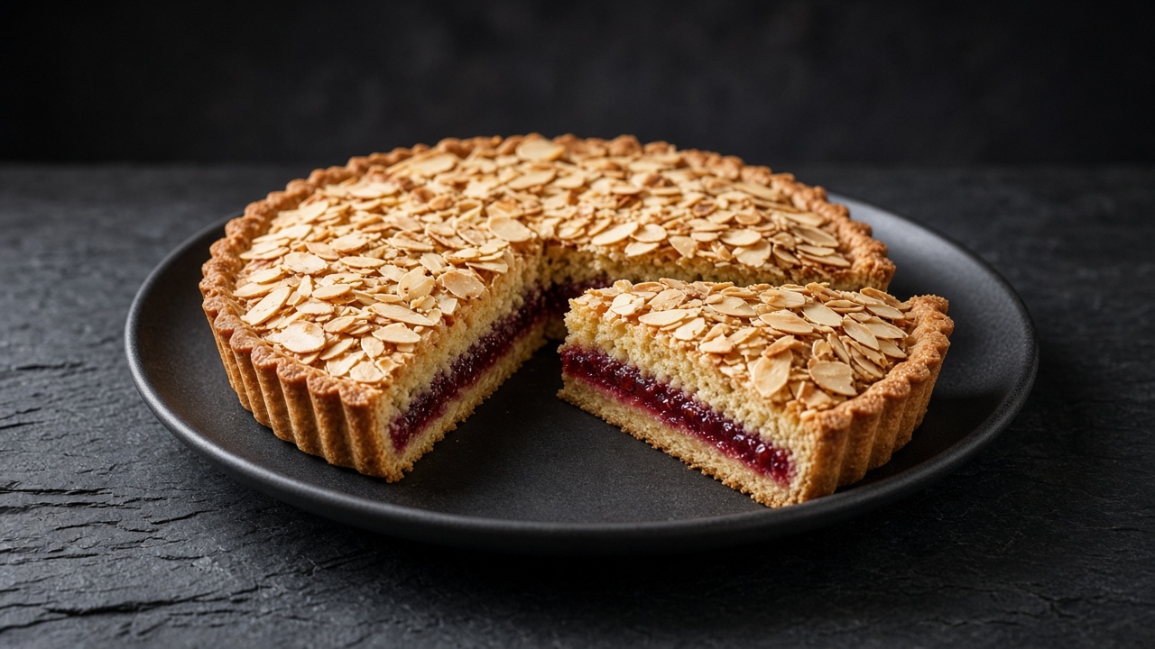 A Bakewell tart topped with toasted flaked almonds, a slice cut to show the raspberry jam layer.
